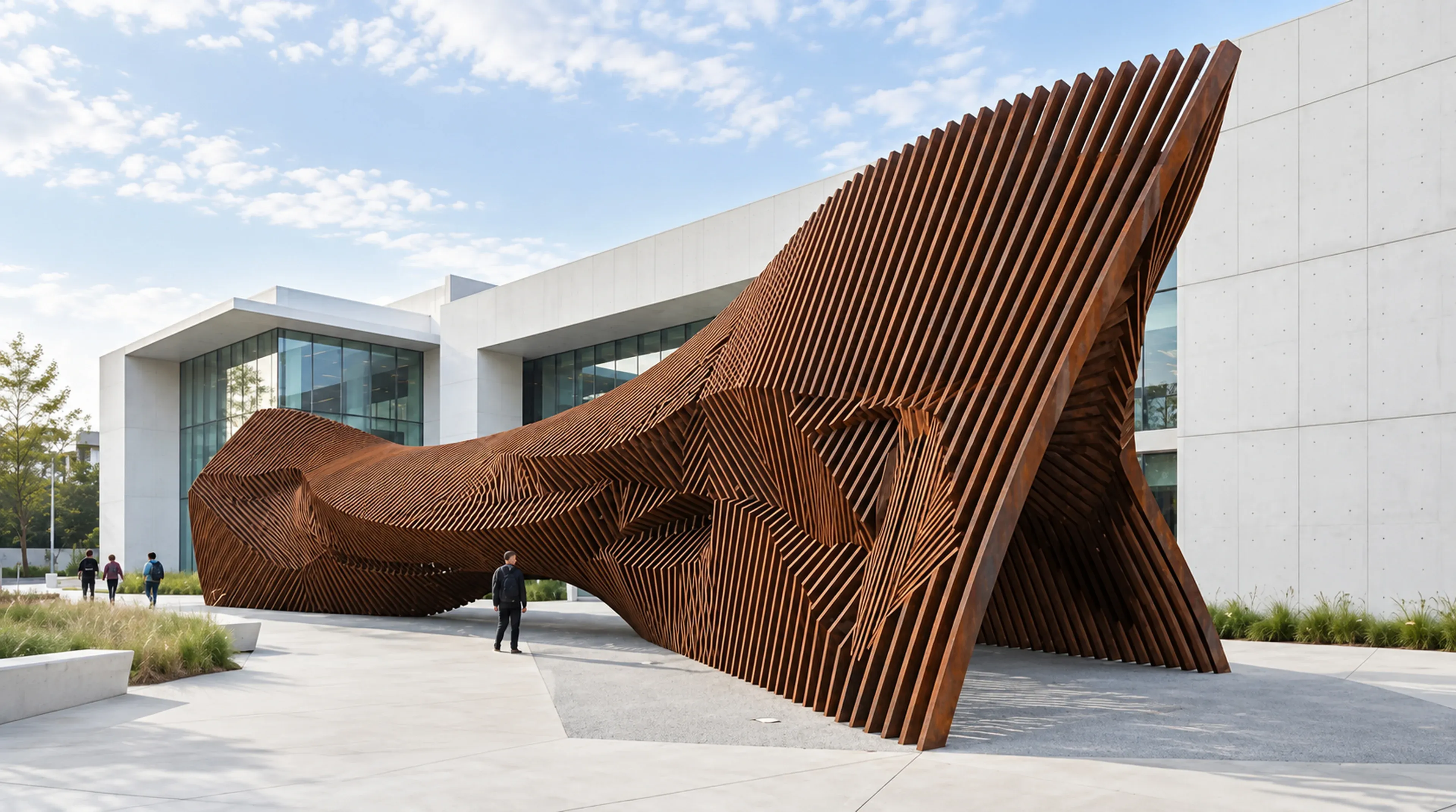 A massive, organic wave-shaped architectural sculpture made of rusted weathering steel slats.